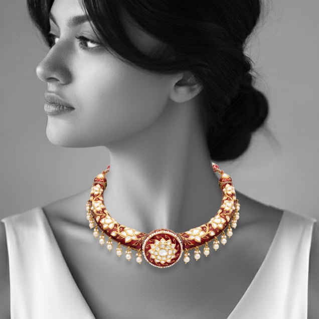 Floral Polki Hasli in Red Enamel with Pearl Drops